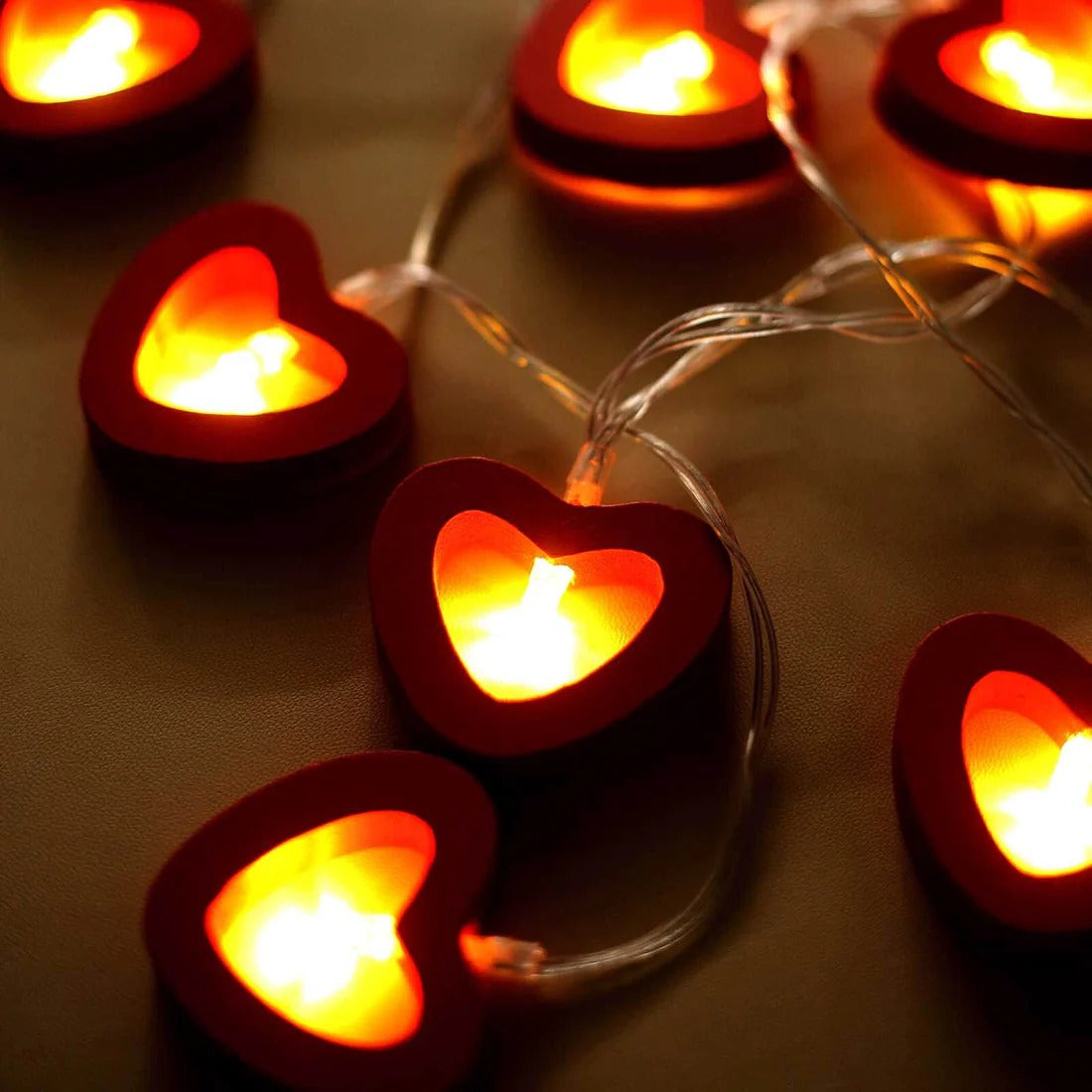 Red Wooden Heart LED String Lights