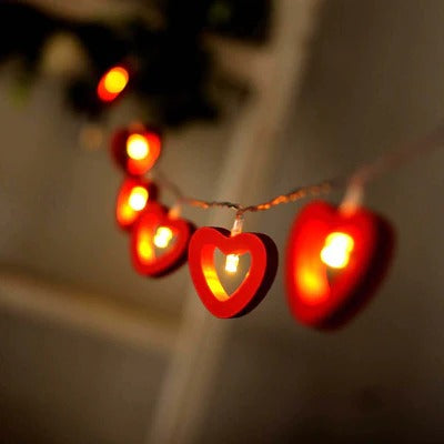 Red Wooden Heart LED String Lights