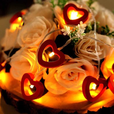 Red Wooden Heart LED String Lights